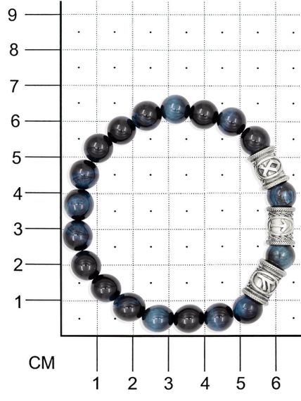 Браслет из натурального соколиного глаза с рунами Одал, Тейваз, Феху - Достижение целей на размерной сетке