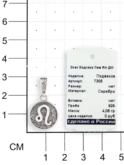 Фото кулон Лев знак зодиака из серебра, вид на размерной сетке.