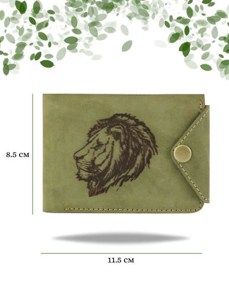 Фото функционального портмоне Лев из зеленой кожи койот Инфографика Размеры