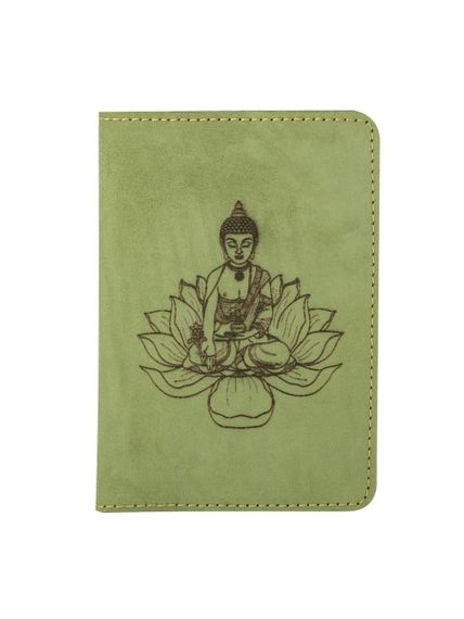 Обложка для паспорта Будда на цветке лотоса из нубука светло зеленого цвета.