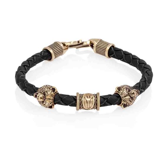 Браслет гайтан черный 5 мм с руной Альгиз и двумя шармами Медведь Бронза, фото 1