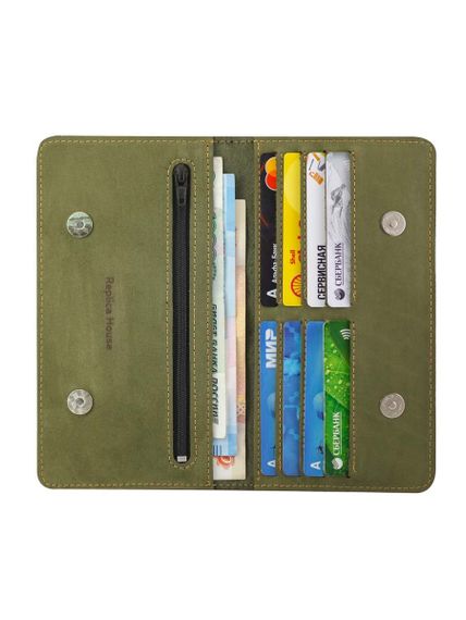 Фото высокого кошелька Лиса из зеленого нубука, развернутый вид с наполнением.