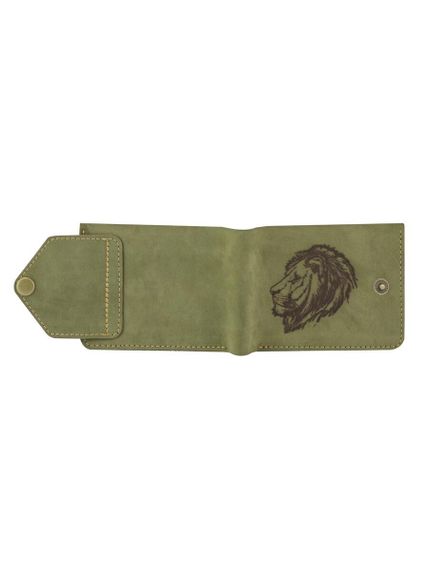 Фото функционального портмоне Лев из светло зеленого нубука, развернутый вид.