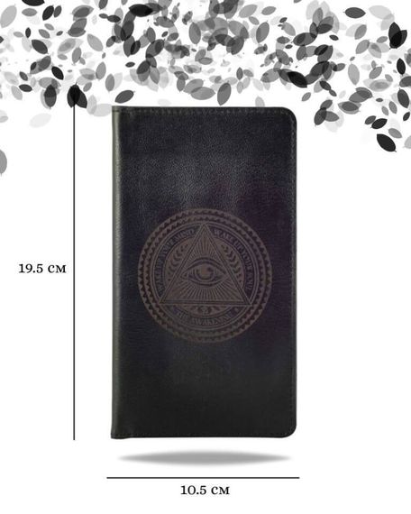 Фото функционального кошелька Всевидящее Око из черной кожи хитрый лис Инфографика Размеры