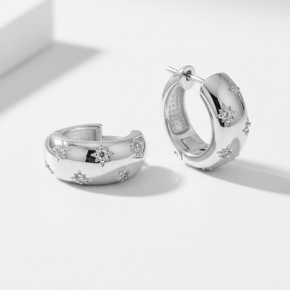 Серьги конго Звезды из серебра 925 пробы с фианитами, живое фото 3
