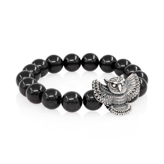 Браслет Сова большая из серебра 925 с натуральным черным кварцем 10 мм, вид полубоком