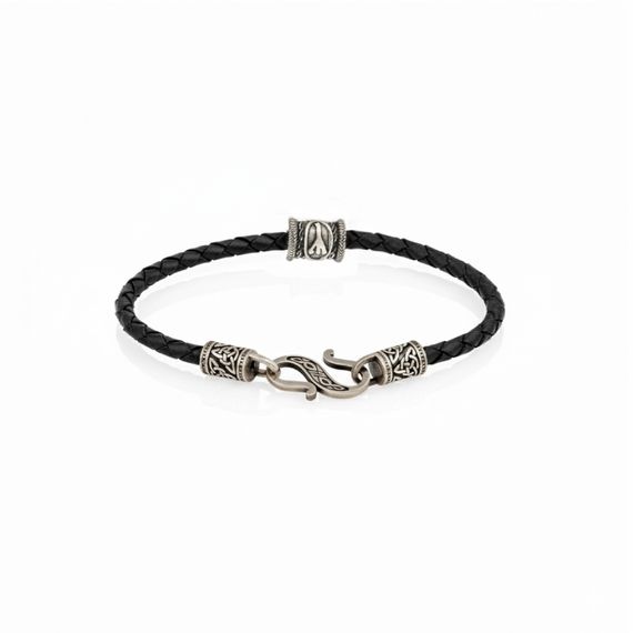 Браслет гайтан из натуральной кожи с руной Альгиз мельхиор, фото 2