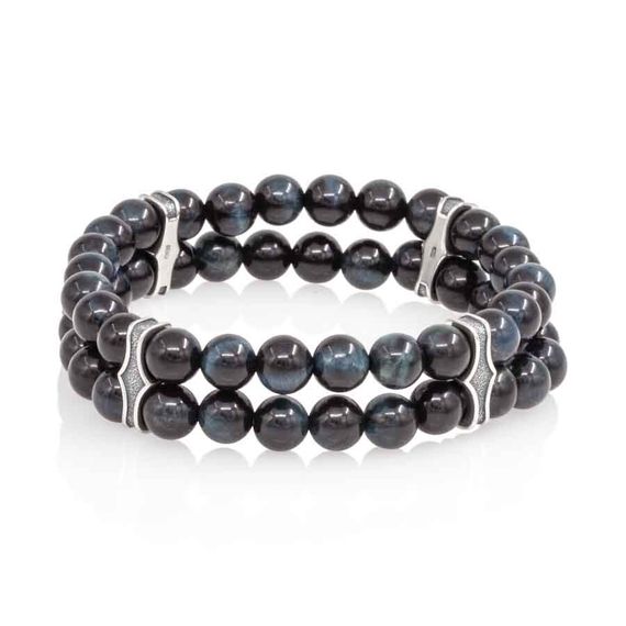 Двойной браслет из соколиного глаза 6 мм с шармами из серебра, вид 2