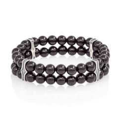Двойной браслет из черного кварца 6 мм с шармами из серебра