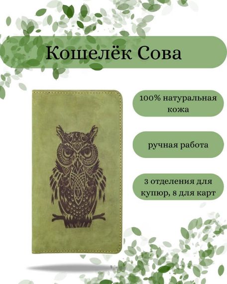 Фото функционального высокого кошелька Сова из зеленой кожи Инфографика