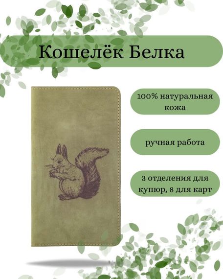 Фото функционального кошелька Белка из зеленой кожи хитрый лис Инфографика