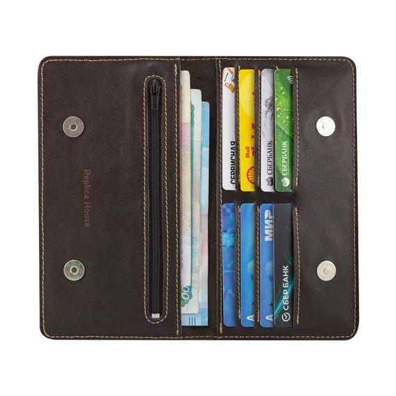 Фото функционального кошелька Всевидящее Око из темно-коричневой кожи, развернутый вид с наполнением.