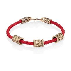 Браслет гайтан красный 3 мм с тремя рунами Феху Бронза