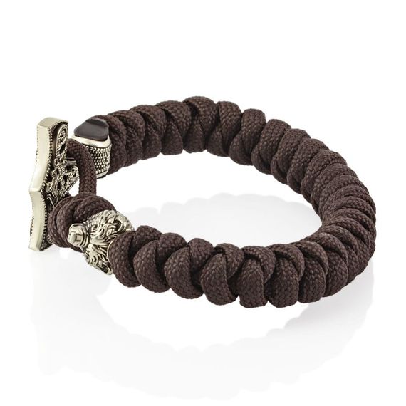 Браслет из темно-коричневого паракорда с молотом Тора Мьёльнир и медведем из мельхиора, фото 3