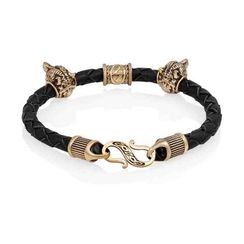 Браслет гайтан черный 5 мм с руной Соулу и двумя шармами Волк Бронза