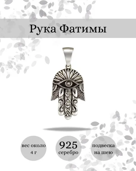 Подвеска Рука Фатимы Хамса из серебра 925 пробы, фото с инфографикой