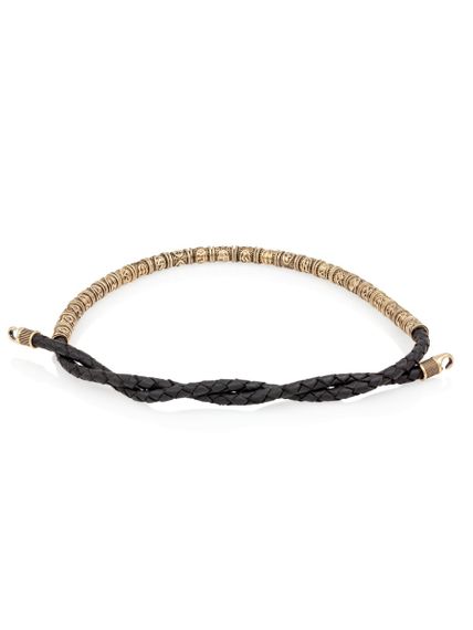 Браслет набор рун 24 шт из бронзы на черном кожаном шнуре с замком Captain Hook, вид сзади со скрученными концами