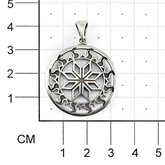 Изображение подвески алатырь амулет из мельхиора на размерной сетке.