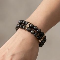 Браслет двойной из натуральных камней обсидиана 8 мм с шармами из бронзы