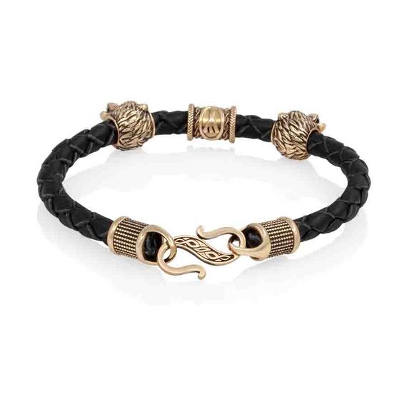 Браслет гайтан черный 5 мм с руной Альгиз и двумя шармами Медведь Бронза, фото 2