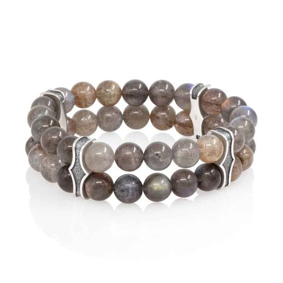 Двойной браслет из лабрадора 8 мм с шармами из серебра, вид 2