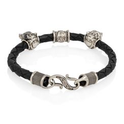 Браслет гайтан черный 5 мм с руной Альгиз и двумя шармами Волк Мельхиор