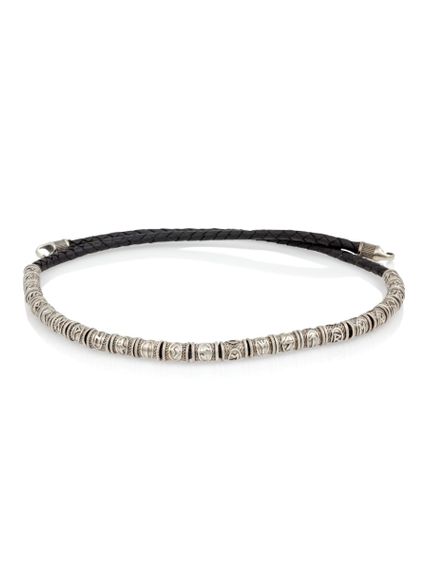 Браслет набор рун 24 шт из мельхиора на черном кожаном шнуре с замком Captain Hook, спереди в развернутом виде