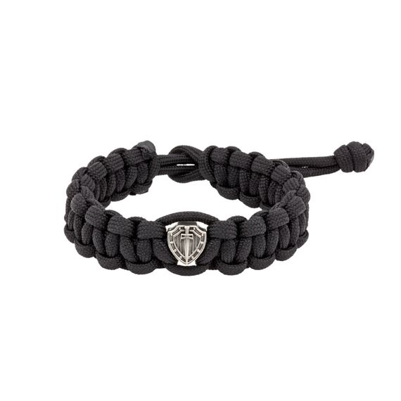 Браслет с шармом Щит и меч из мельхиора - чёрный паракорд, фото 1