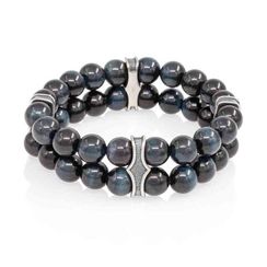 Двойной браслет из соколиного глаза 8 мм с шармами из серебра