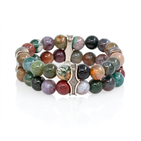 Двойной браслет из натурального камня зеленой яшмы 8 мм с шармами из мельхиора, фото 2