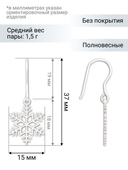 Снежинка - ювелирные серьги из серебра 925 пробы, инфографика Размеры