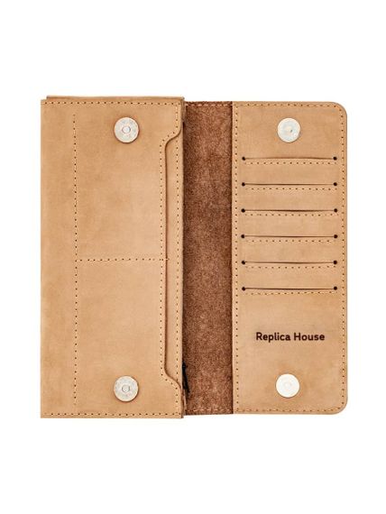 Фото функционального кошелька Классический из светло-коричневого нубука, развернутый вид без наполнения.