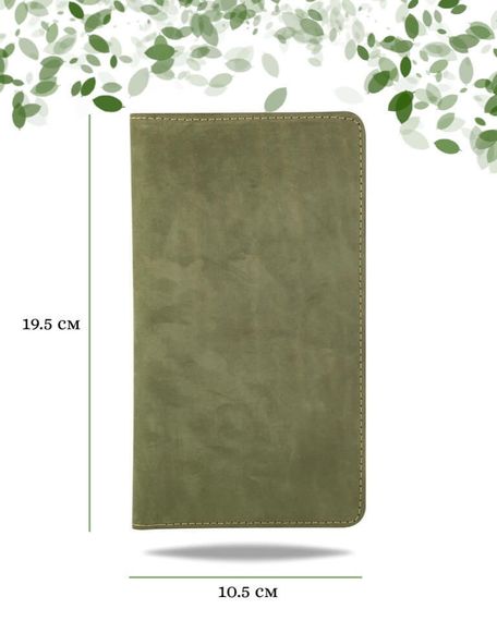 Фото функционального кошелька Классического из зеленой кожи хитрый Инфографика Размеры