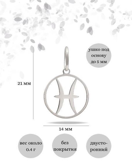 Подвеска Знак зодиака Рыбы из серебра, Инфографика размеры