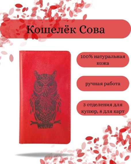 Фото функционального высокого кошелька Сова из красной кожи Инфографика