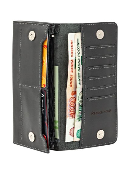 Фото функционального кошелька Классический из серой кожи, развернутый вид с наполнением.