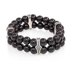 Двойной браслет из черного кварца 8 мм с шармами из мельхиора