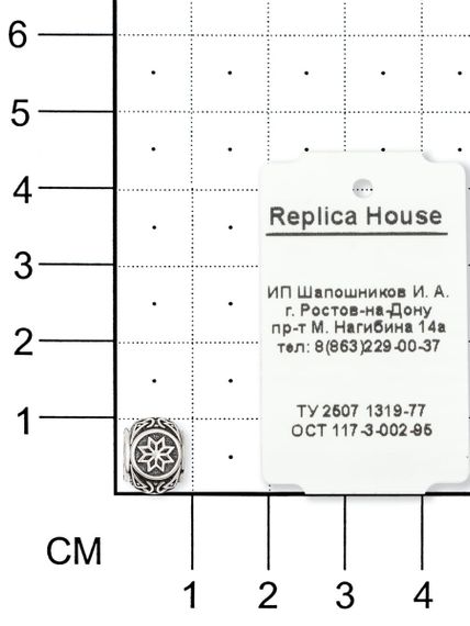 Фотография шарма Алатырь из серебра 925 пробы на размерной сетке.