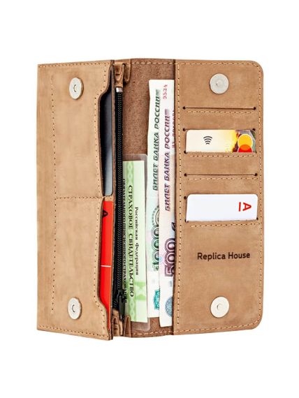 Фото функционального кошелька Цветок жизни из светло-коричневого нубука, развернутый вид с наполнением.