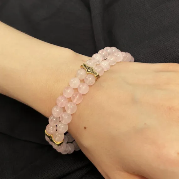 Браслет Всевидящее Око из Бронзы Двойной с розовым кварцем 6 мм, живое фото 1
