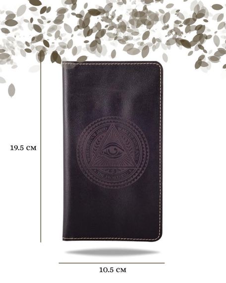 Фото функционального кошелька Всевидящее Око из темно-коричневой кожи хитрый лис Инфографика Размеры