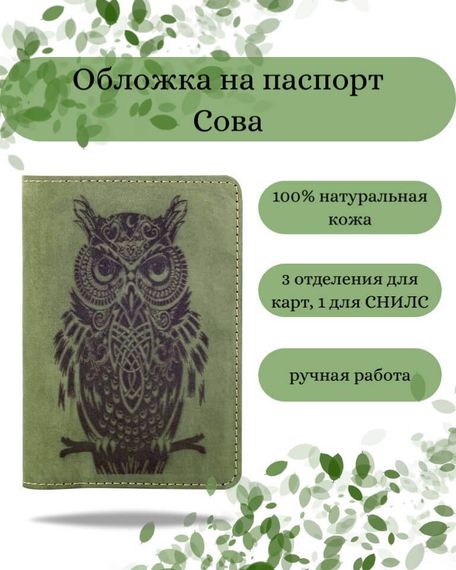 Обложка на паспорт Сова зеленого цвета, фото с инфографикой