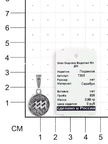 Фото кулона Водолей знак зодиака из серебра, вид на размерной сетке.