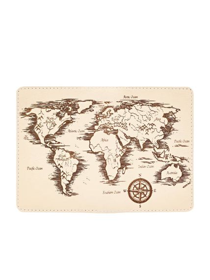 Фото обложка для паспорта в виде карты из бело молочной кожи, вид развернуто.