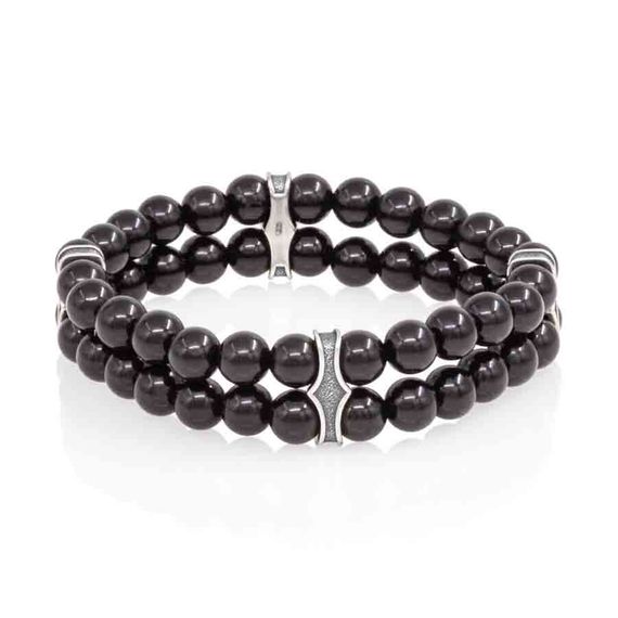 Двойной браслет из черного кварца 6 мм с шармами из серебра, вид 1