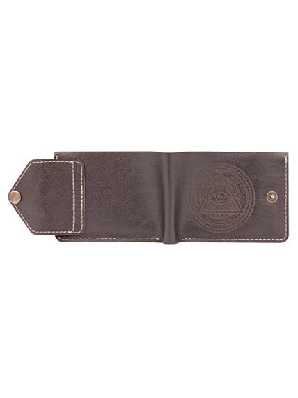 Фото компактного портмоне Всевидящее Око из коричневой кожи, в развернутом виде с фасада.