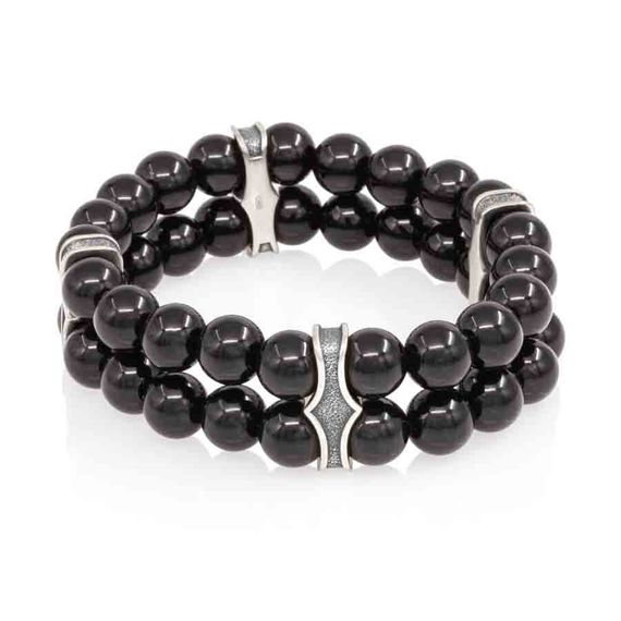 Двойной браслет из черного кварца 8 мм с шармами из серебра, вид 1