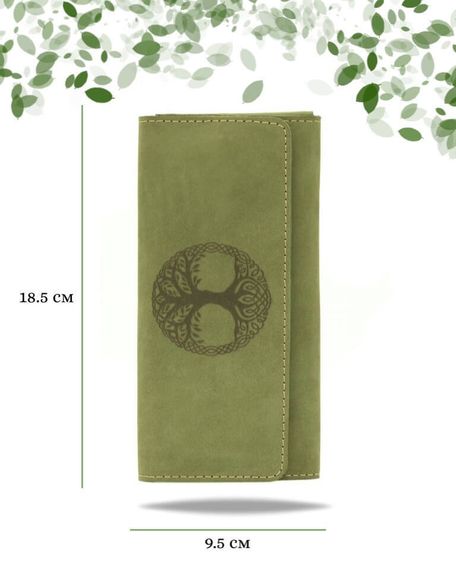 Фото функционального кошелька Древо жизни из зеленой кожи Инфографика Размеры