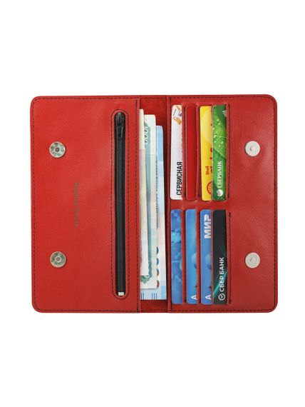 Фото функционального кошелька Классический из красной кожи, развернутый вид с наполнением.