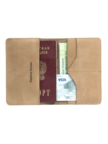 Фотография обложки для паспорта с изображением Белка из светло-коричневого нубука на белом фоне в развороте с наполнением